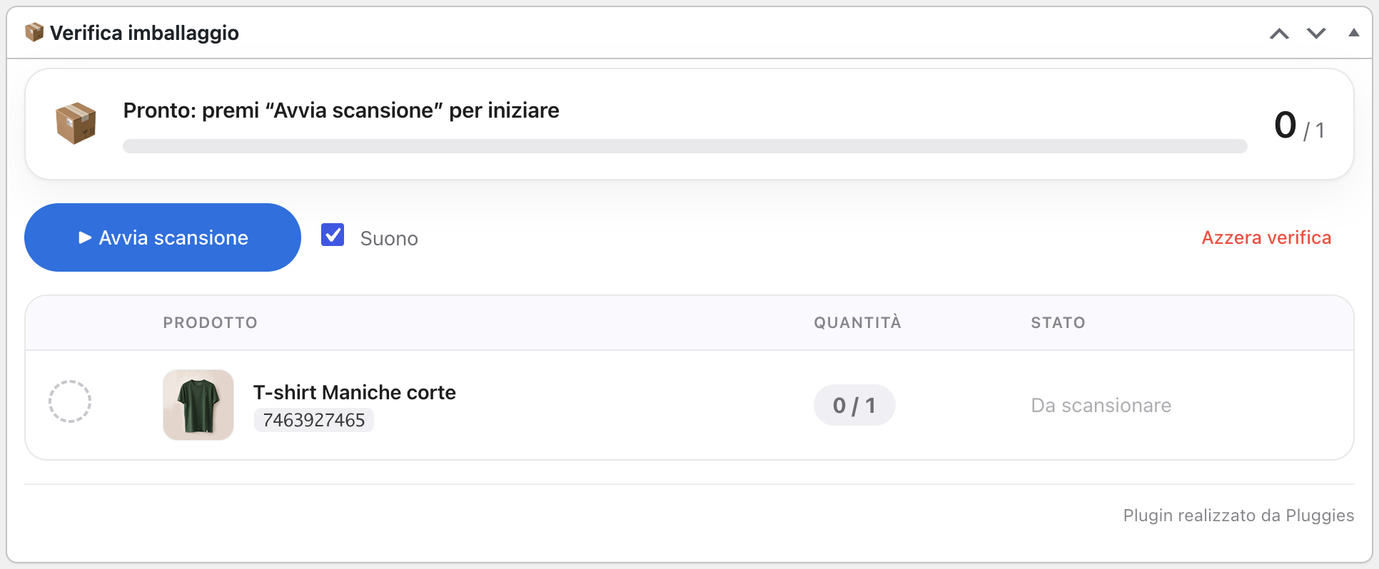Pannello di verifica imballaggio pronto: premi Avvia scansione